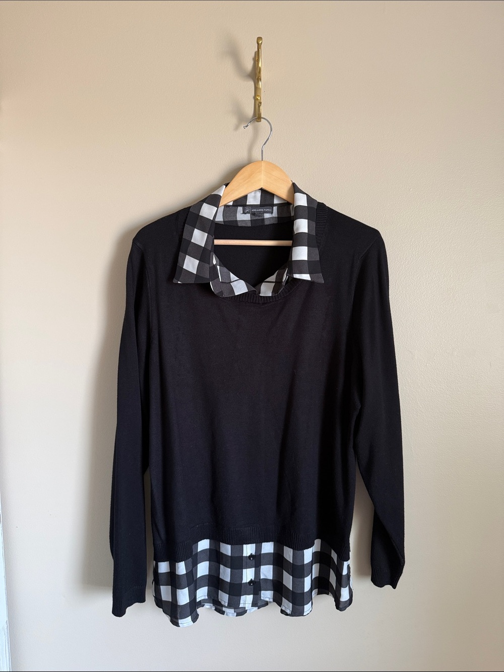 Adrianna Papell Black Layered-Look Sweater with Black & White Plaid Trim